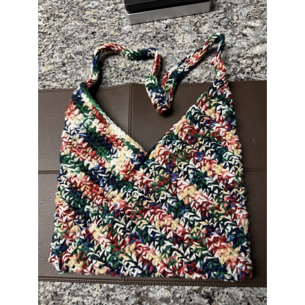 Multicolor Crochet Striped Triangle Shoulder Bag Bohemian Fabric Strap